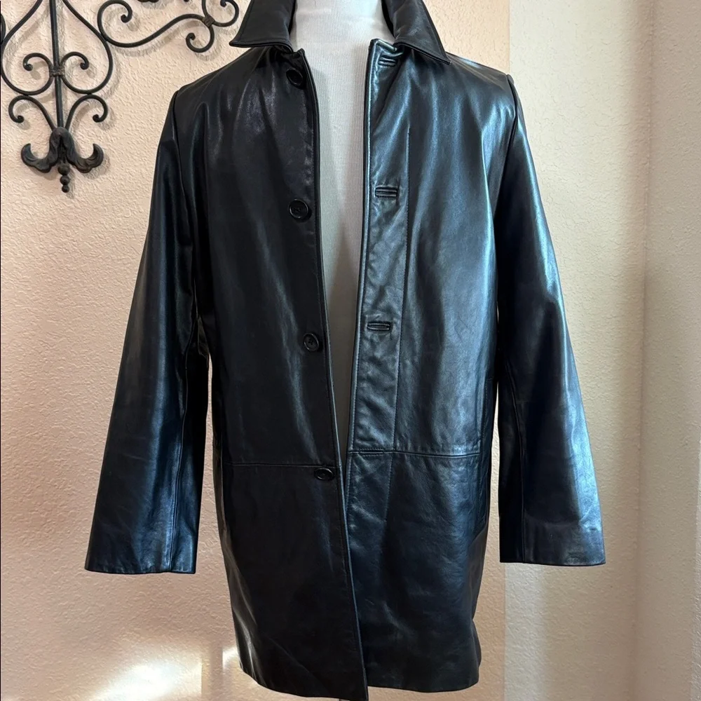 Banana Republic Black Leather Trench Car Coat black genuine leather man Sz XS